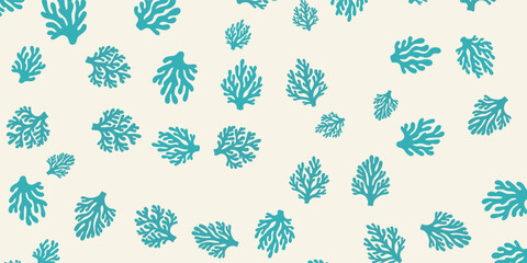 Stylish Coral Pattern Stock Graphic: This trendy design shows delicate cyan coral shapes scattered on a light beige background for ocean-themed designs and eye-catching aquatic illustrations