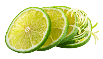 Close-up of sliced citrus fruit with vibrant green rind and translucent flesh