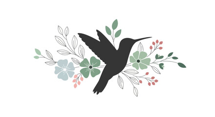 Fototapeta premium Elegant hummingbird silhouette with floral embellishments for stationery designs