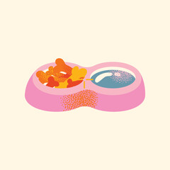 Stylized Double Pet Bowl Vector Illustration. Pink Feeder Dish for Dog and Cat Food with Water. Animal care and feeding concept