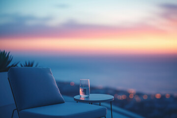 Obraz premium Tranquil Sunset Ocean View Luxury Resort Relaxation Glass Water Drink Horizon Lifestyle