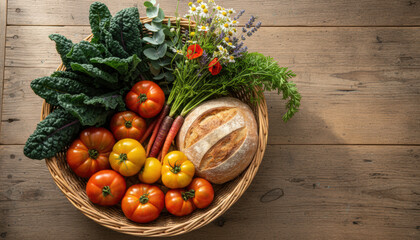 - Basket of fresh vegetables with bread on wooden table