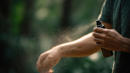 Man Sprays Mosquito Repellent on His Arm Outdoors