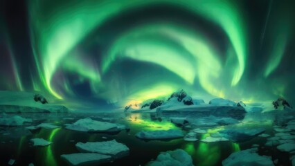 Northern Lights over icy landscape