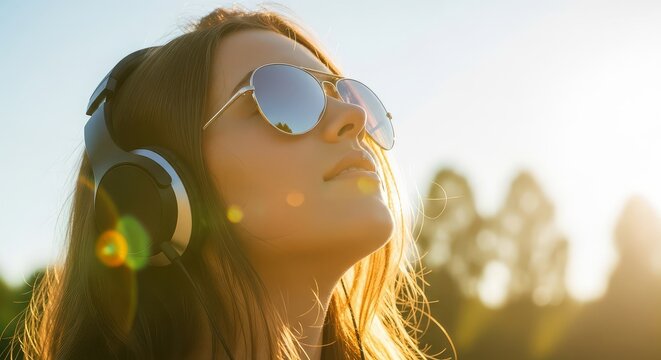 Woman with sunglasses and headphones looking up towards a bright sunny sky in a peaceful moment - Powered by Adobe