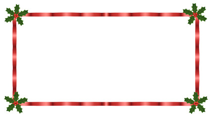 Elegant red ribbon frame adorned with festive holly and berries, perfect for holiday greetings and winter celebrations.