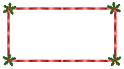 Elegant red ribbon frame adorned with festive holly and berries, perfect for holiday greetings and winter celebrations.