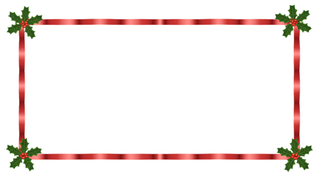 Elegant red ribbon frame adorned with festive holly and berries, perfect for holiday greetings and winter celebrations.