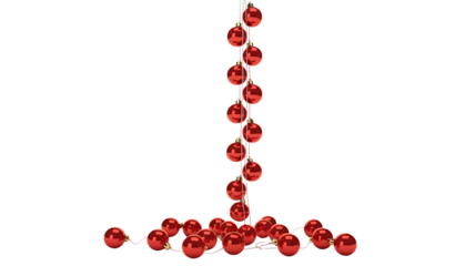 Dazzling red Christmas ornaments cascade gracefully on a delicate string, creating a festive and joyful holiday visual for your projects.