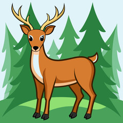 Cartoon deer standing in a forest with pine trees