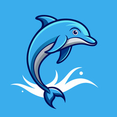 Cute cartoon dolphin jumping out of blue water with splashes