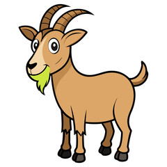 Cute cartoon goat with horns eating green grass