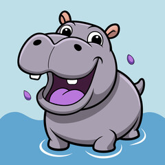 Cute cartoon hippo smiling and splashing in water