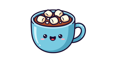 Cute blue mug filled with hot chocolate and marshmallows with a happy face illustration