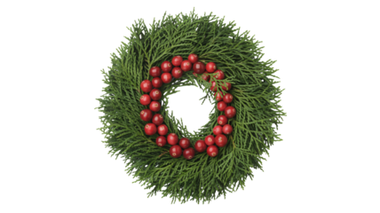 A beautiful, natural evergreen wreath adorned with vibrant red berries, perfect for festive holiday decor and winter celebrations.