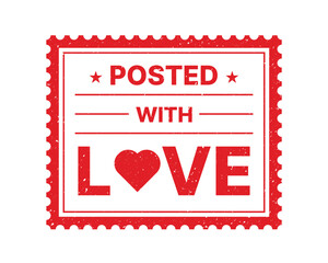 Red postage stamp with the words posted with love for valentines day or wedding invitations, vector illustration, stamp design