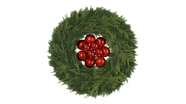 Elegant evergreen wreath adorned with vibrant red baubles evokes festive holiday spirit and welcoming warmth for any celebration