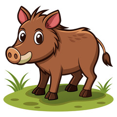 Cute cartoon wild boar standing on green grass