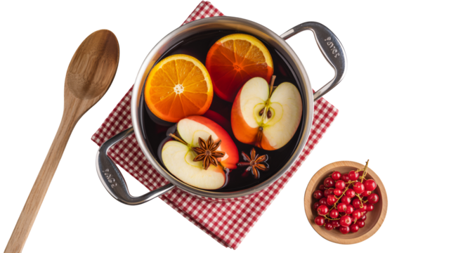 Warming mulled wine preparation with fresh apples, oranges, star anise, and red currants, perfect for cozy winter gatherings