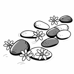 Minimilist illustration of flowers and stones in a zen garden with a peaceful and calming aesthetic design style vector