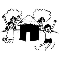 Minimilist children jumping in front of a hut with trees in the background in a black and white illustration vector