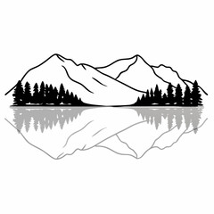 Minimilist illustration of a mountain range with pine trees reflected in a body of water in black and white design vector