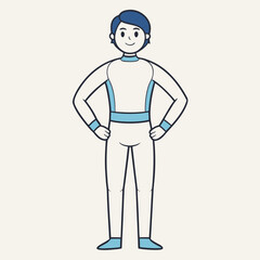 Cartoon character wearing a white and blue racing suit with hands on hips