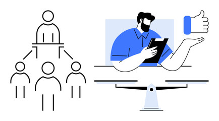 Hierarchy network structure connected to a leader combined with a virtual meeting scene featuring a professional holding a tablet and a hand showing a thumbs-up. Ideal for leadership, teamwork