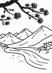 Minimilist a simple black and white landscape featuring mountains river and a tree branch with foliage above it all vector