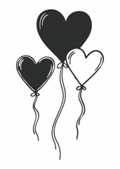 Minimilist three heart shaped balloons with string in black and white simple doodle style illustration art vector
