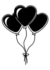 Minimilist three heart shaped balloons tied together with a bow in black and white illustration style design vector