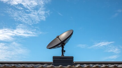 Black Satellite Dish on Rooftop Against Blue Sky