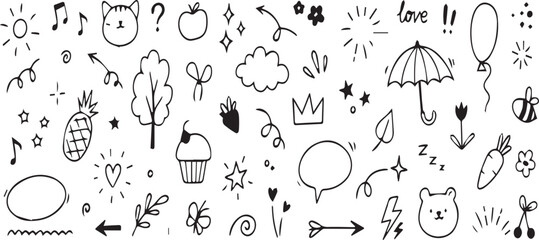 Black and White Doodle Sketch Set with Love Text | Hand-Drawn Clip Art Illustrations for Design Elements and Creative Projects
