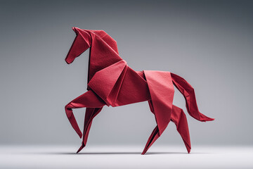 AI-generated red origami horse in rearing pose on gradient background