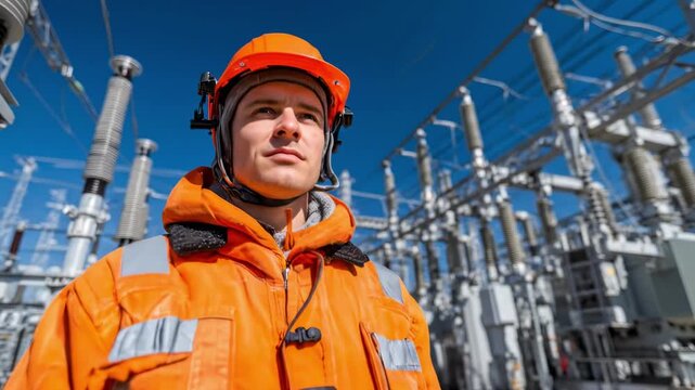 A worker in bright orange safety gear and helmet surveys a high-voltage substation yard, amid towers