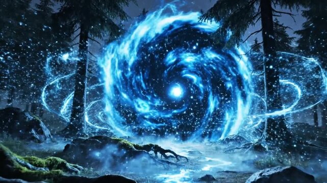 Mysterious and Powerful Blue Swirling Energy Portal Appearing in a Dark, Snowy Forest, with a Bright Core and Sparkling Trails of Magic, Hinting at a Hidden Fantasy Realm and Interdimensional Travel C