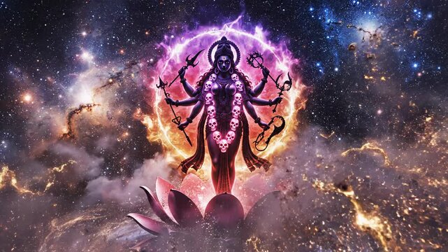 Maa Chamunda Goddess Cosmic Universe Art with Divine Power and Lightning Effects in a Mystical Scene