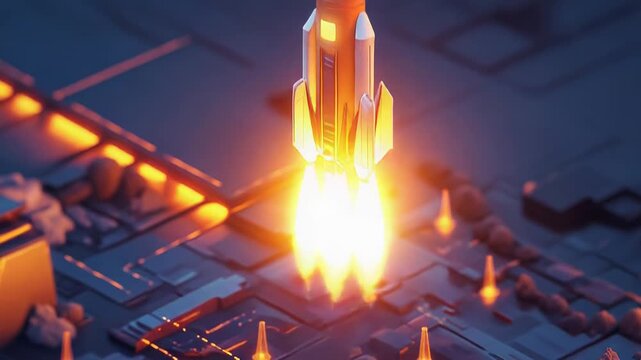 Rocket launching from circuit board representing startup growth