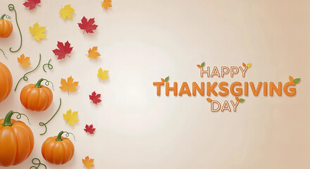 Naklejka premium Happy thanksgiving day text with pumpkins and autumn leaves on a light background