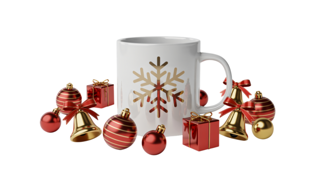 Festive white mug adorned with a golden snowflake surrounded by glittering Christmas ornaments, shiny red gift boxes, and elegant gold bells ready for holiday cheer