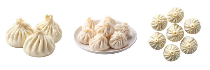 Three steamed dumplings on left plate of dumplings and scattered dumplings isolated on a transparent background