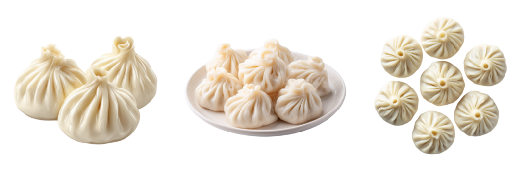 Three steamed dumplings on left plate of dumplings and scattered dumplings isolated on a transparent background