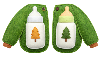 Two bottles, each inside a green felt jacket, with a tree applique