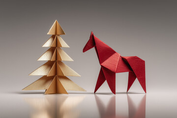 AI-generated origami horse and Christmas tree on reflective studio surface