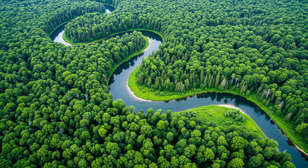 Obraz premium Curving River Flowing Through Lush Green Summer Forest, Wide Aerial Landscape