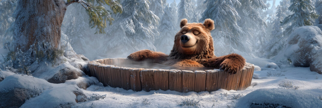 A Hyper-realistic brown bear relaxing in a rustic wooden hot-tub in a snowy forest, enjoying a luxurious spa-like winter retreat with steam and joy. Generative Ai.
