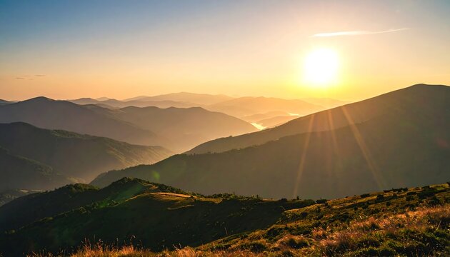 Sunlight bathes layered green mountains at sunset, creating a warm, hazy scenic view from a high vantage point - Powered by Adobe