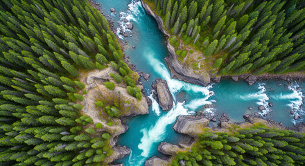 Aerial Drone View of Turquoise River Gorge and Rushing Waterfall Through Dense Conifer Forest