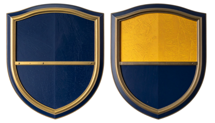 Two identical shields; one all blue, other divided blue and gold