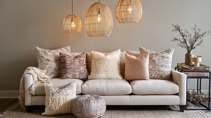 Serene living room scene features a plush sofa adorned with textured pillows and a cozy throw, bathed in warm ambient light from unique rattan pendant lamps.